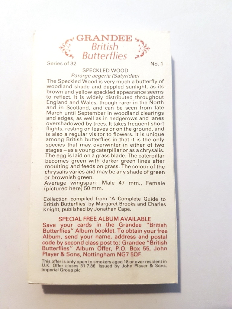 Photo of the back of these British Butterflies (Grandee) cigarette cards