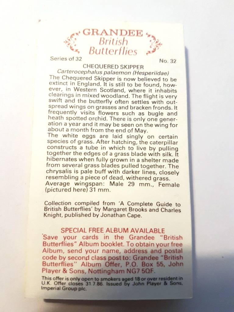 Photo of the back of these British Butterflies (Grandee) cigarette cards