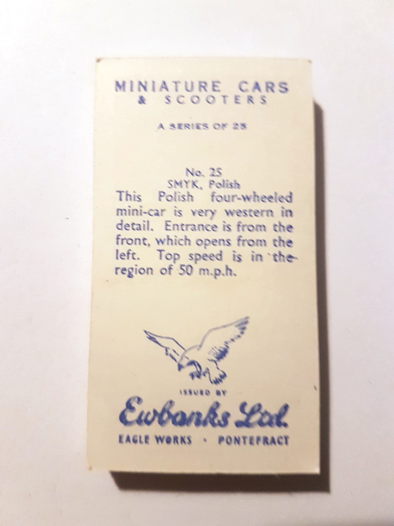 Photo of the back of these Miniature Cars & Scooters trade cards