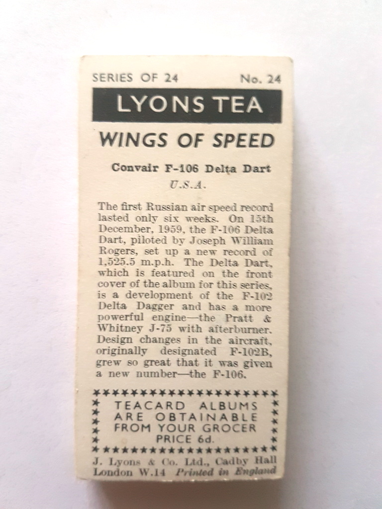 Photo of the back of these Wings of Speed (descriptive back) tea cards