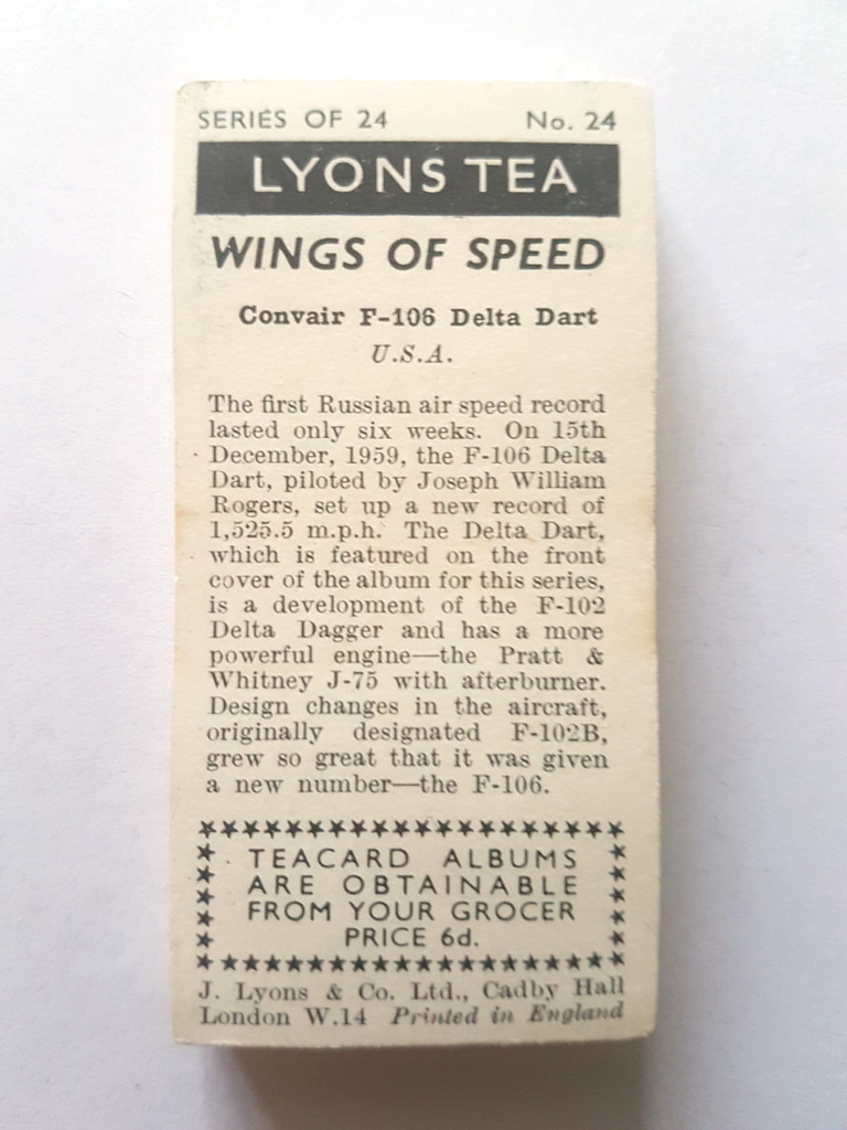 Photo of the back of these Wings of Speed (descriptive back) tea cards