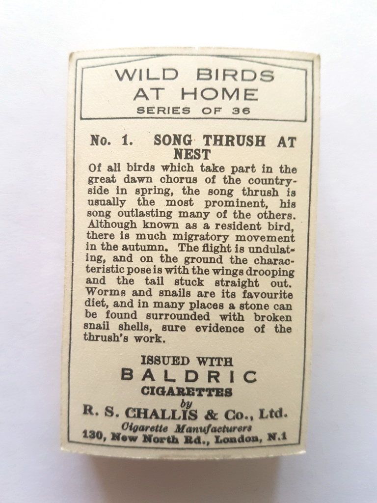 Photo of the back of these Wild Birds at Home ("Baldric") cigarette cards