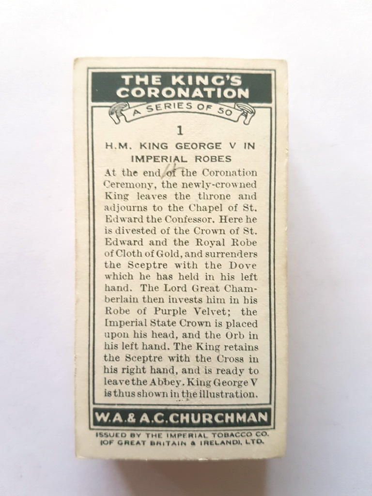 Photo of the back of these The King's Coronation cigarette cards