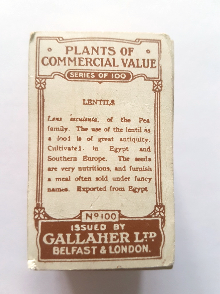 Photo of the back of these Plants of Commercial Value cigarette cards