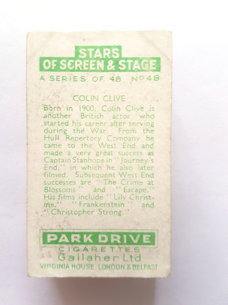 Photo of the back of these Stars of Screen & Stage (green) cigarette cards