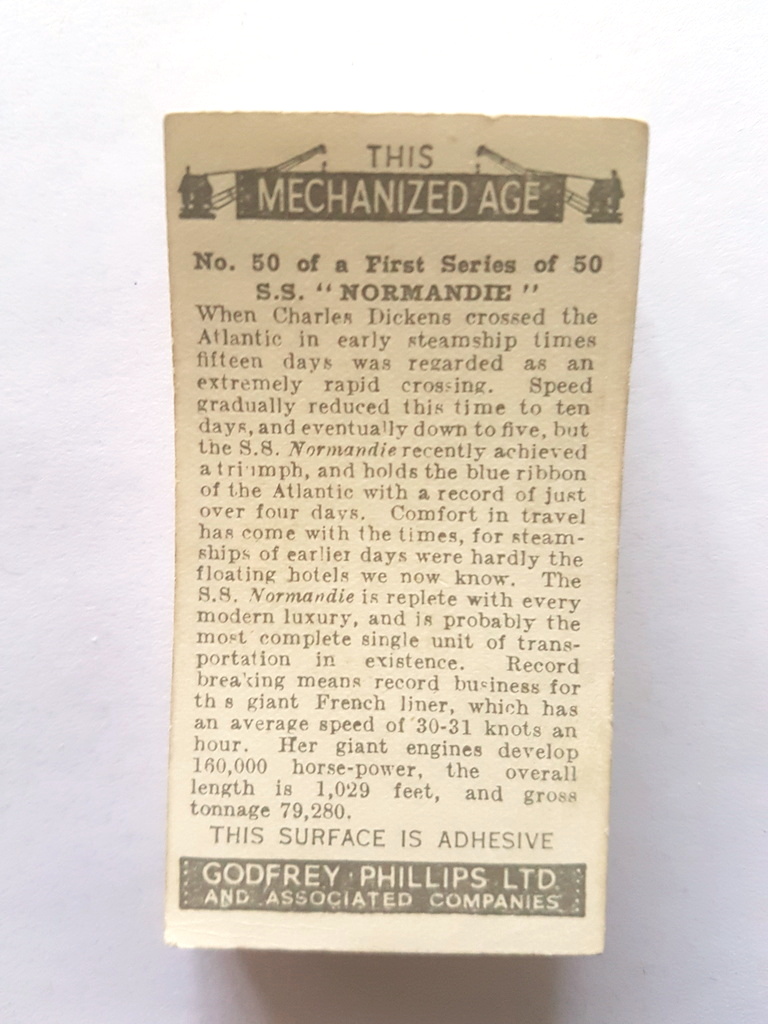 Photo of the back of these This Mechanized Age (1st, with "This surface...") cigarette cards