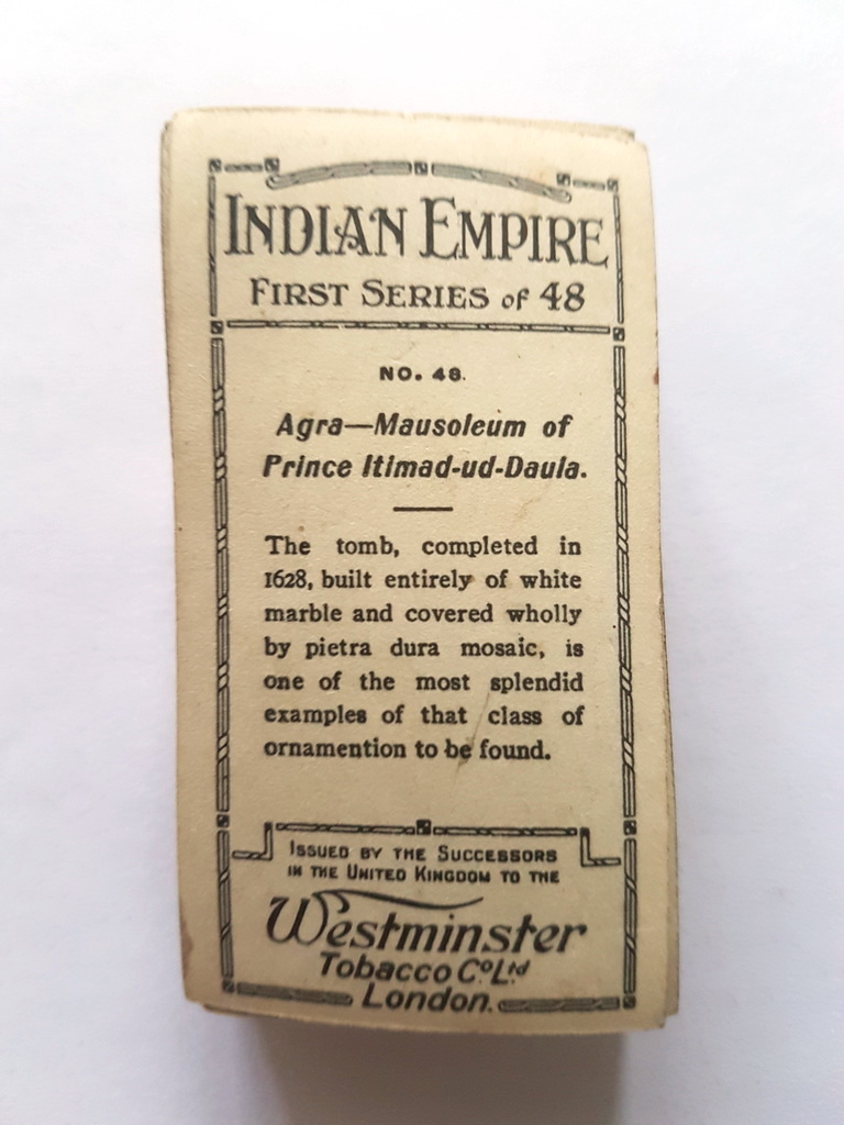 Photo of the back of these Indian Empire First Series cigarette cards