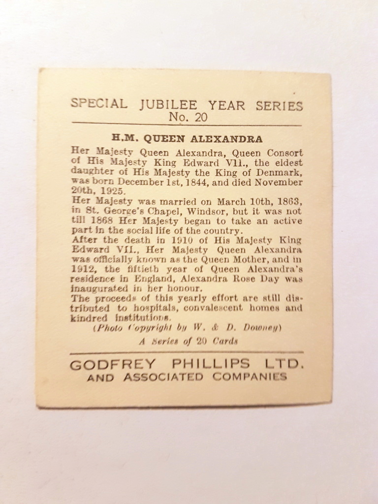 Photo of the back of these Special Jubilee Year Series cigarette cards