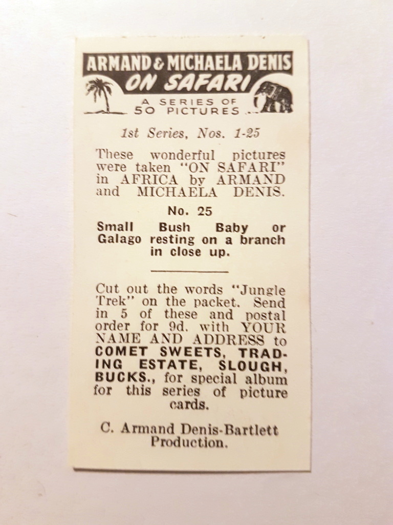 Photo of the back of these Armand & Michaela Denis on Safari (1st) trade cards