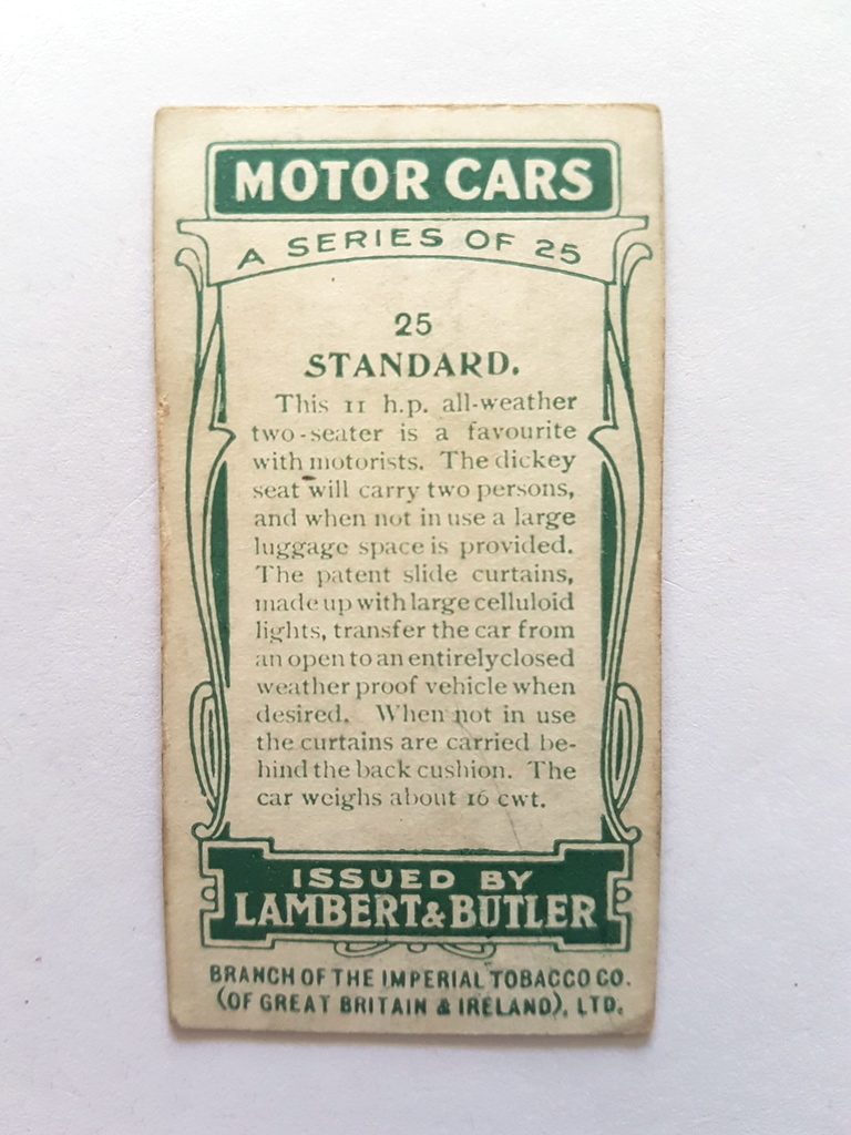 Photo of the back of these Motor Cars (A) cigarette cards