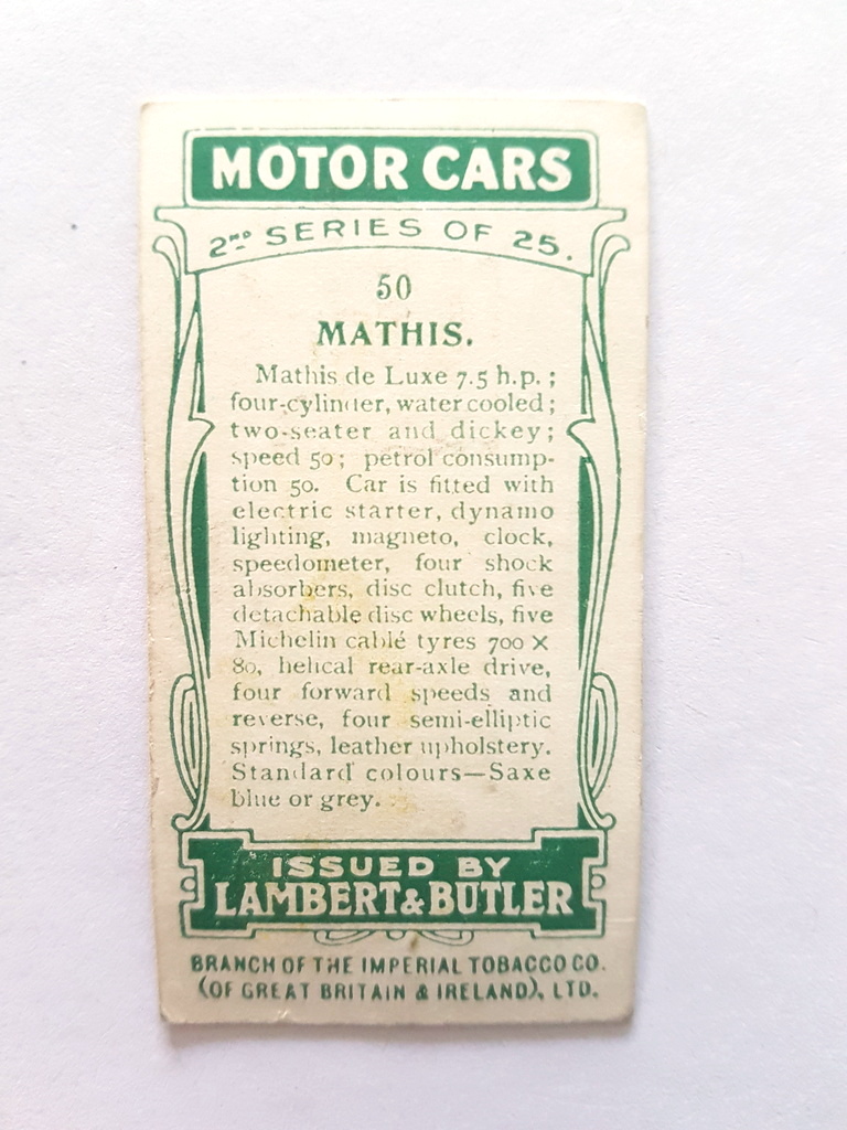 Photo of the back of these Motor Cars (2nd) cigarette cards