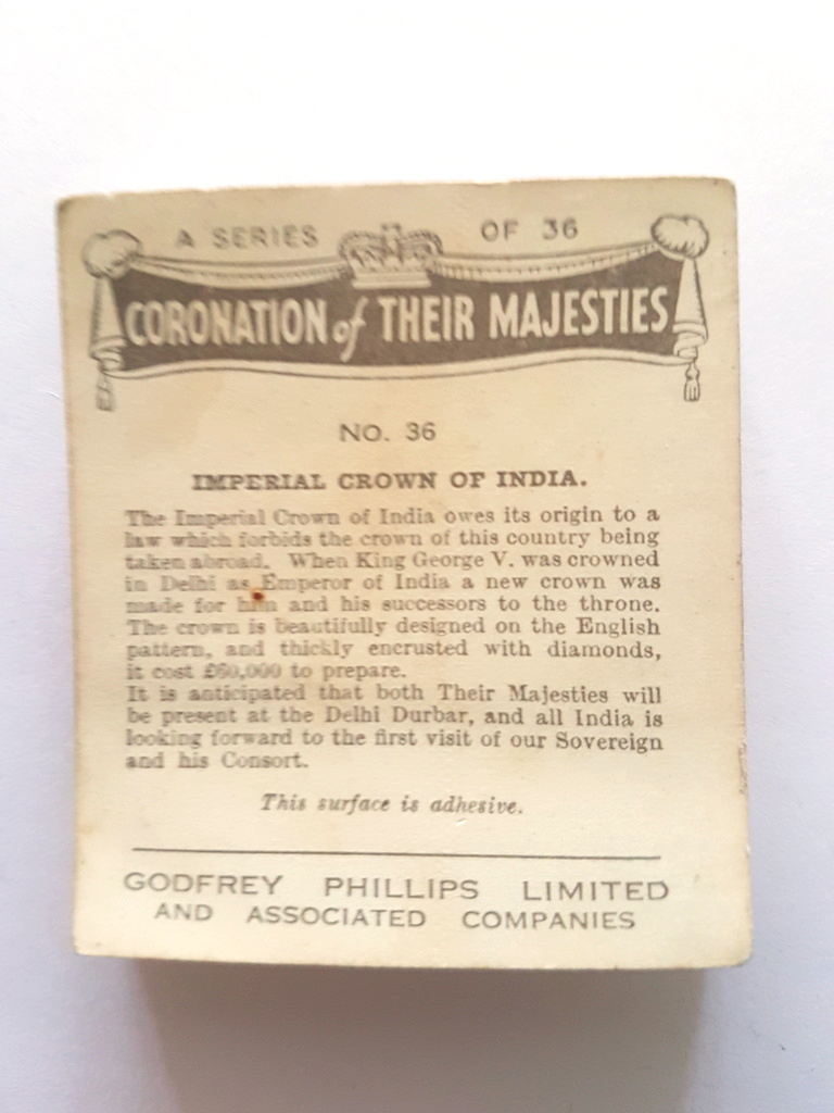 Photo of the back of these Coronation of Their Majesties (M) cigarette cards