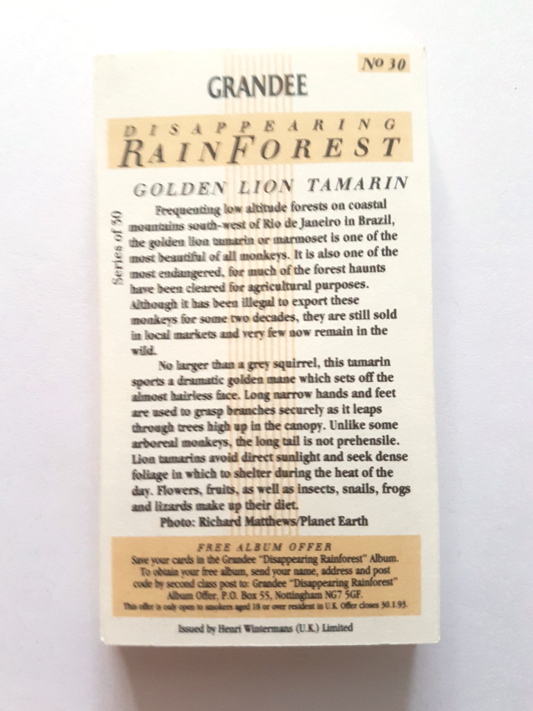 Photo of the back of these Disappearing Rainforest cigarette cards