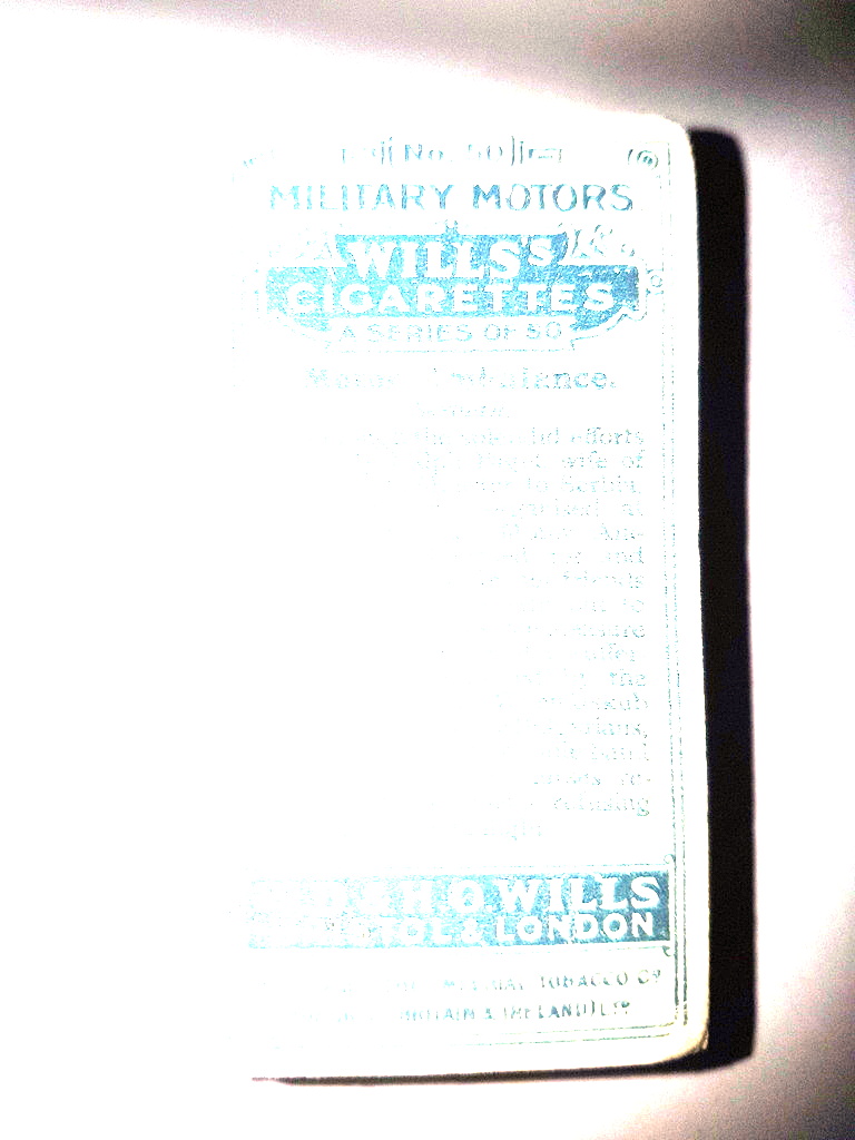 Photo of the back of these Military Motors (with "passed for...") cigarette cards