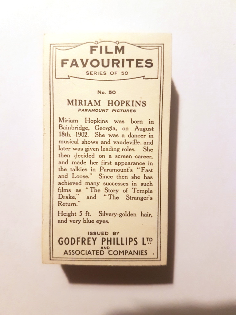 Photo of the back of these Film Favourites cigarette cards