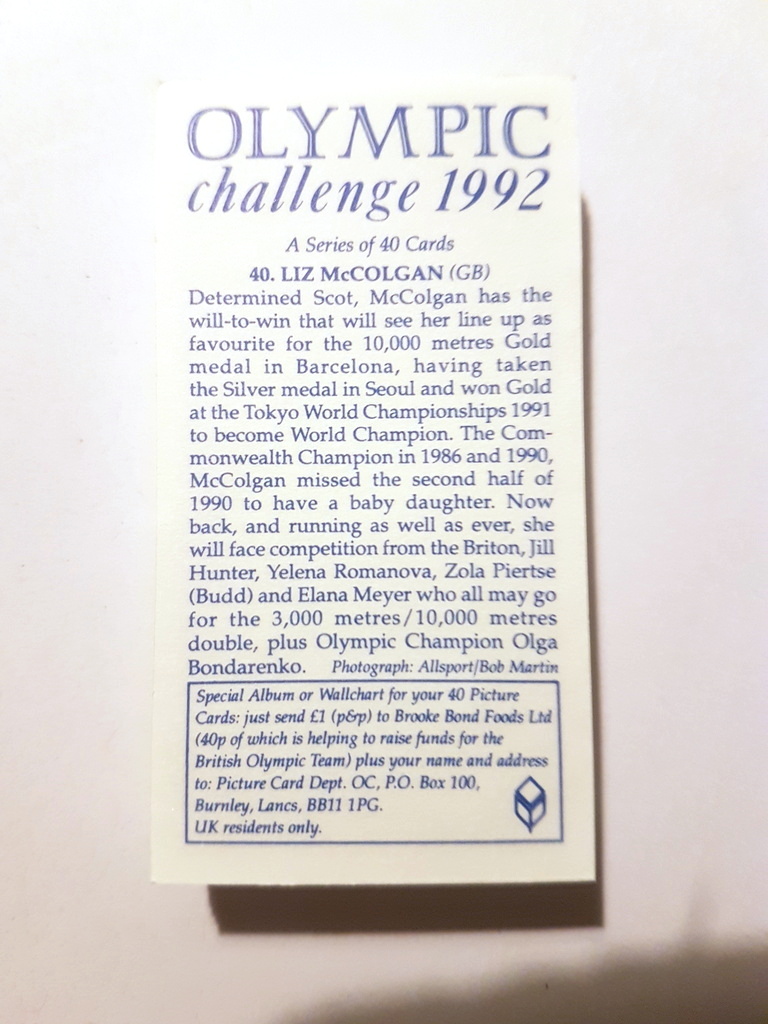 Photo of the back of these Olympic Challenge 1992 tea cards