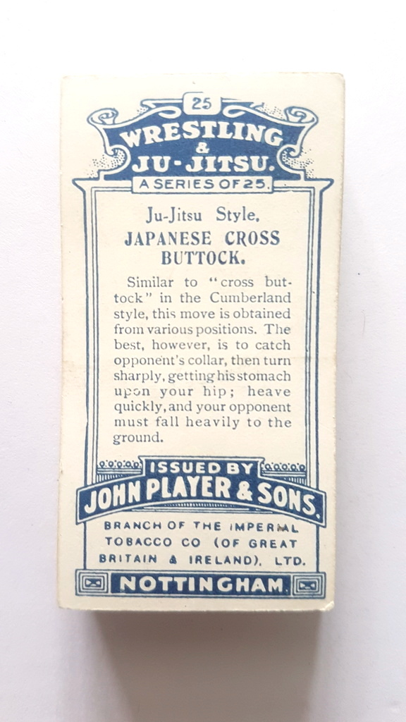 Photo of the back of these Wrestling & Ju-Jitsu (blue back) cigarette cards