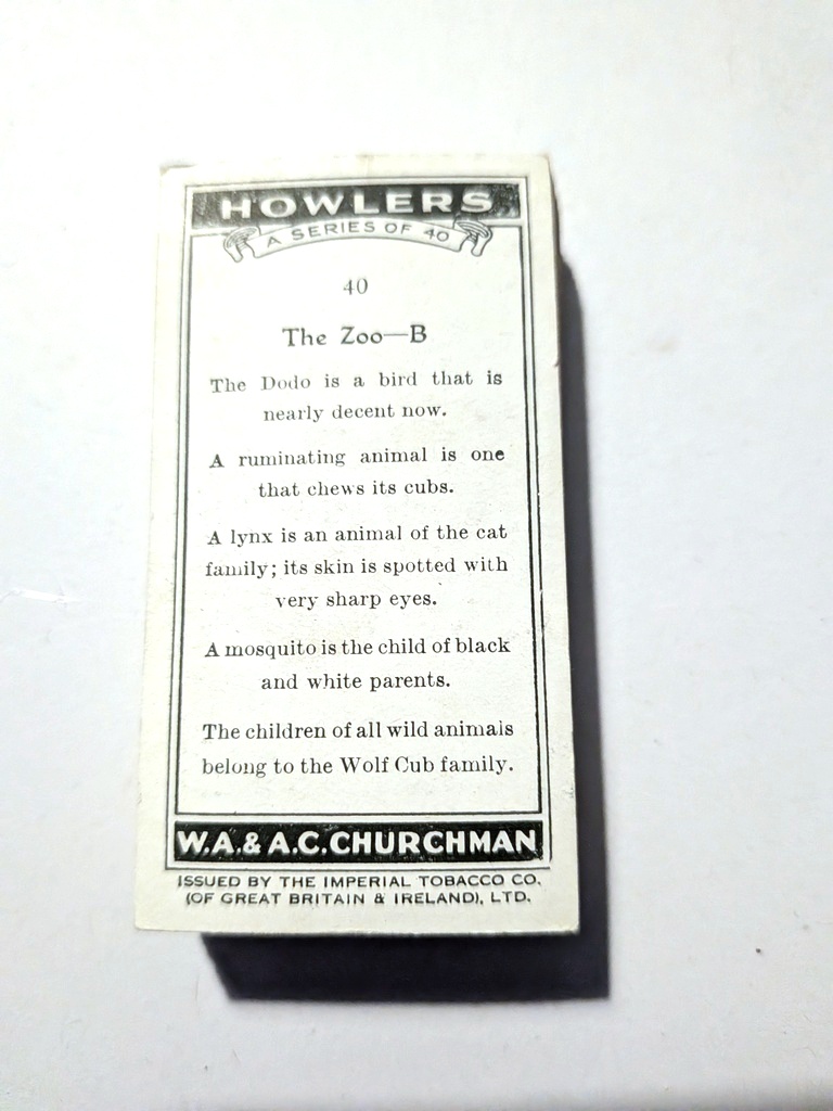 Photo of the back of these Howlers cigarette cards