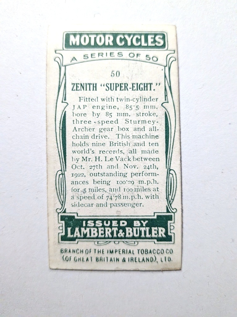 Photo of the back of these Motor Cycles cigarette cards