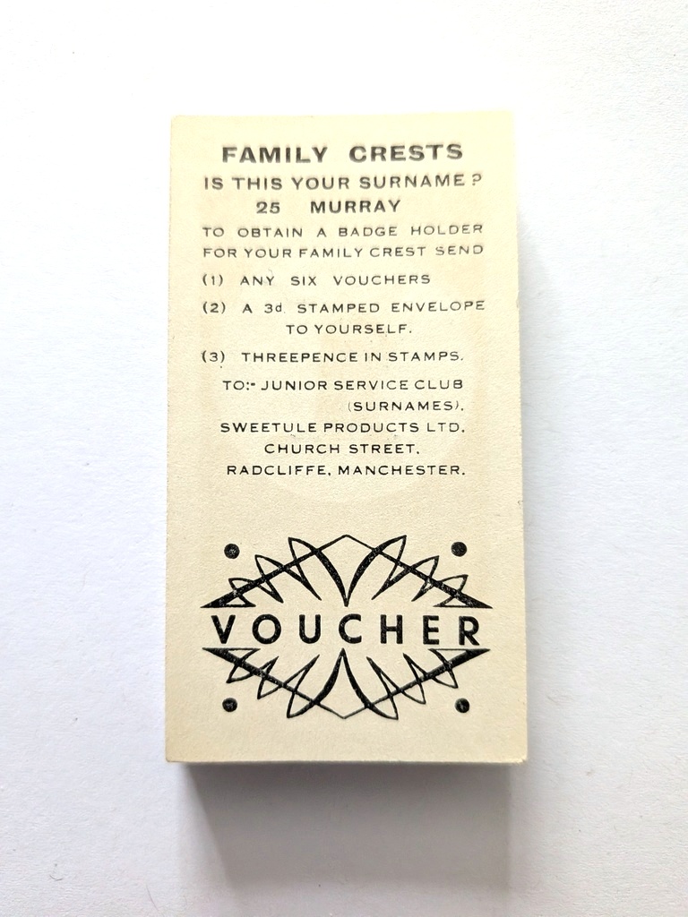 Photo of the back of these Family Crests trade cards