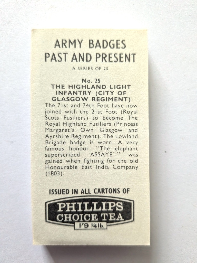 Photo of the back of these Army Badges, Past and Present tea cards